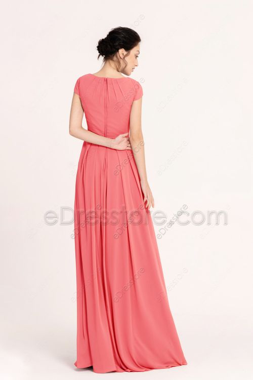 Coral Modest Prom Dresses Cap Sleeves