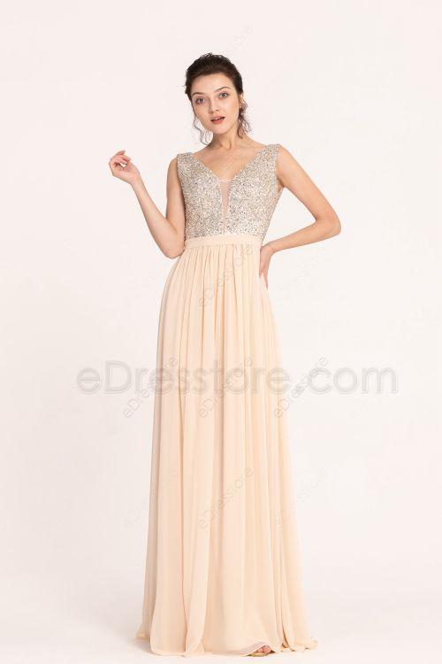 Crystals Beaded Backless Champagne Long Prom Dresses