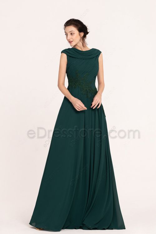 Dark Green Modest Bridesmaid Dresses Cowl Neck