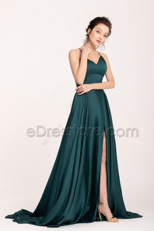 Dark Green Pretty Backless Slitted Prom Dresses Long