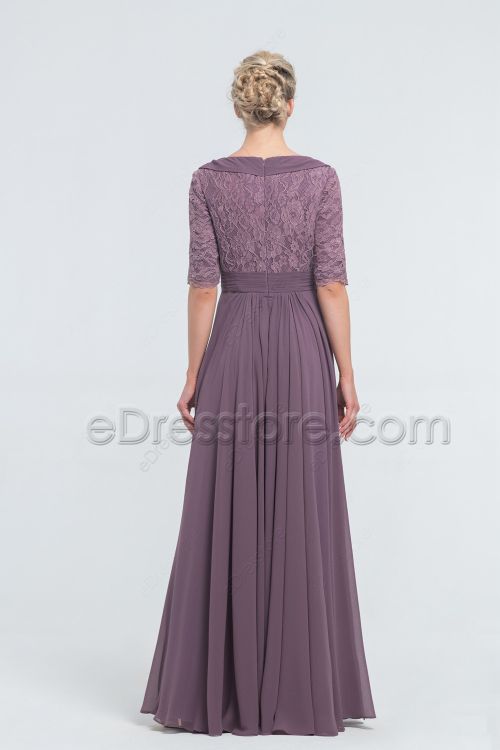Dark Mauve Modest Lace Bridesmaid Dresses Elbow Sleeves | eDresstore
