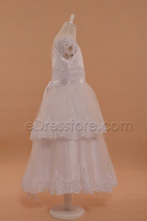Lace White Girl's First Communion Dress Tea Length