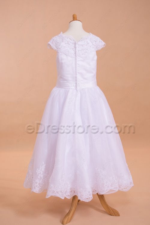 Modest Lace Tea Length First Communion Dresses Cap Sleeves