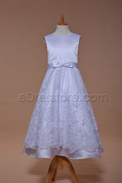 Sleeveless Lace Girl's First Communion Dress Tea Length