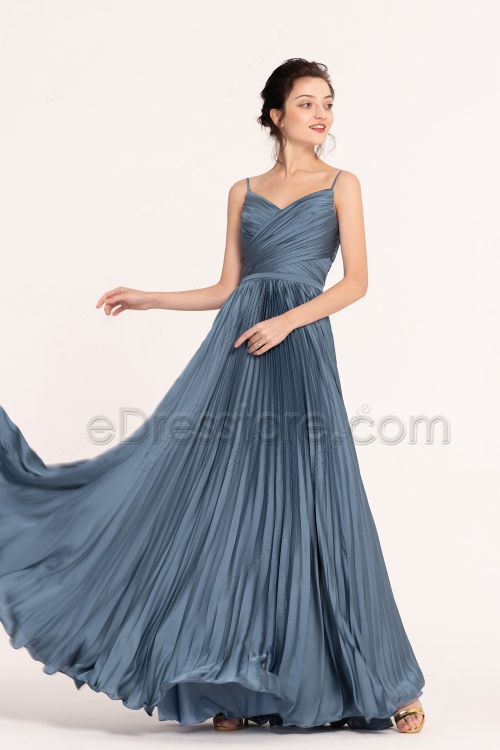 Slate Blue Pleated Long Prom Dresses Spaghetti Straps