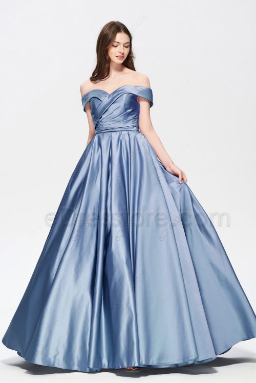 Dusty Blue Vintage Satin Bridesmaid Dresses wth Pockets