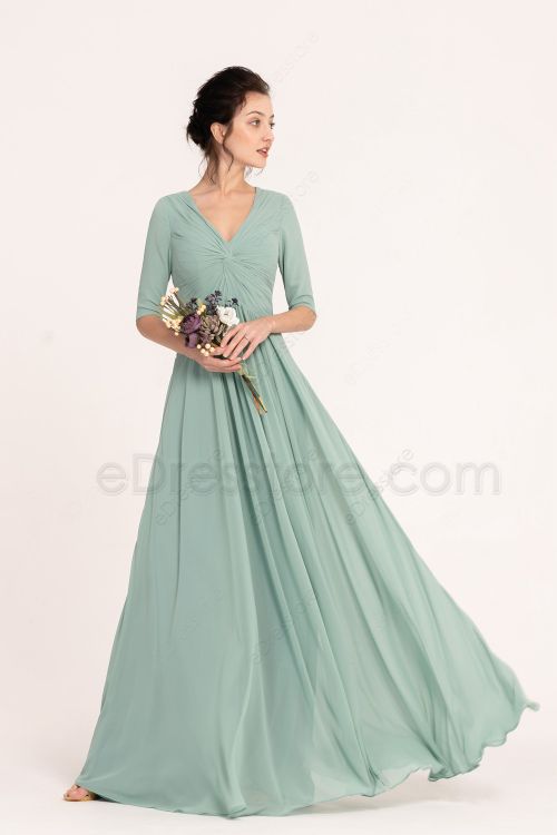 Dusty Green Modest Bridesmaid Dresses Elbow Sleeves