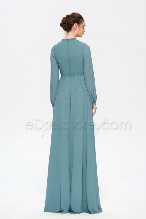 Dusty Green Modest Bridesmaid Dresses Long Sleeves