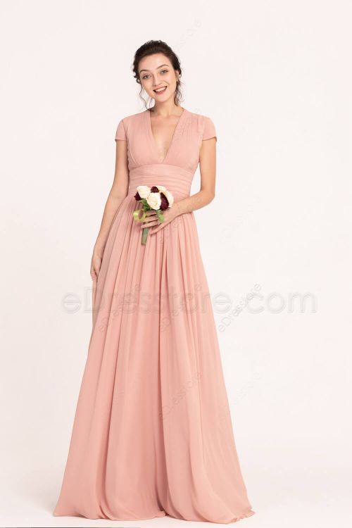 Dusty Rose Blush Modest Bridesmaid Dresses Cap Sleeves