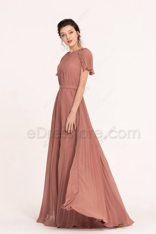 Dusty Rose Modest Pleating Bridesmaid Dresses with Sleeves