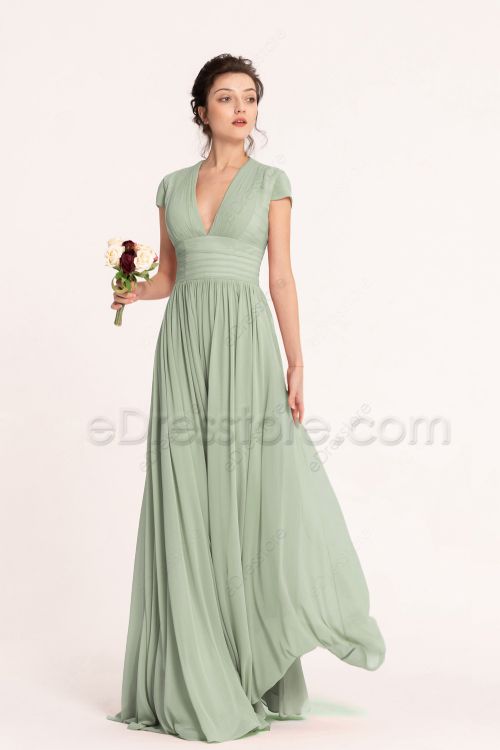 Dusty Sage Green Bridesmaid Dresses Cap Sleeves