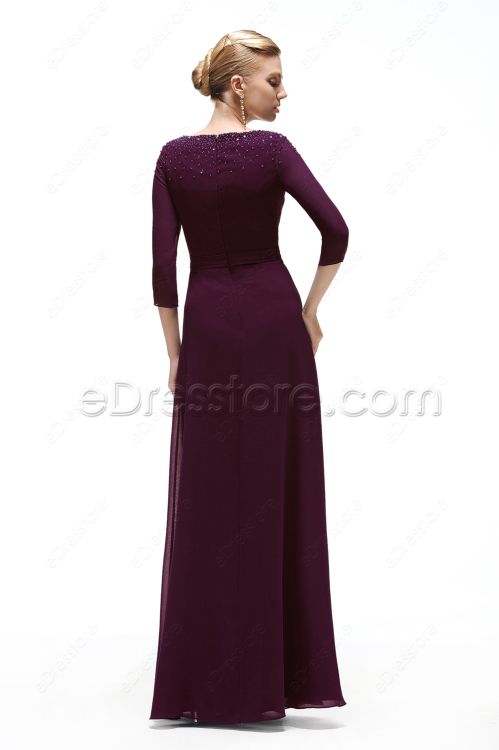 Modest Eggplant Mother of the Groom Dresses with Sleeves Plus Size