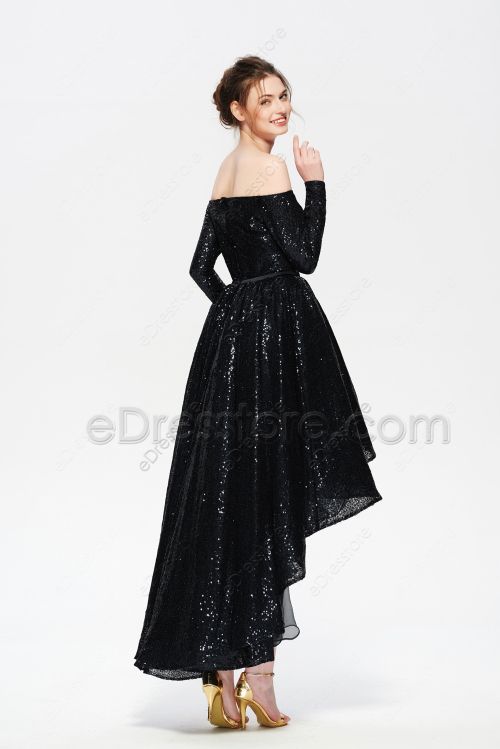 Glitter Black Sequin High Low Homecoming Dresses Long Sleeves