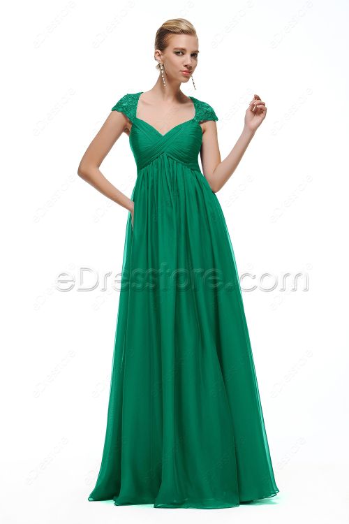 Green Cap Sleeve Prom Dresses Empire Waist