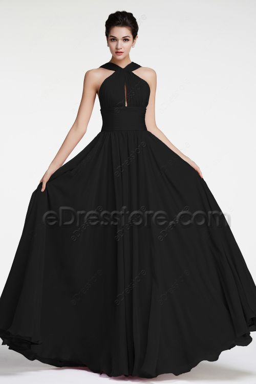 Halter Black Chiffon Bridesmaid Dresses Long