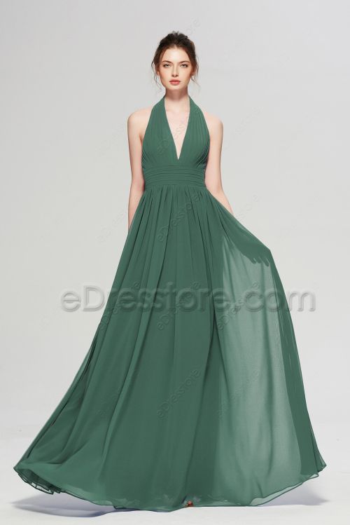 Halter Chiffon Eucalyptus Bridesmaid Dresses Long