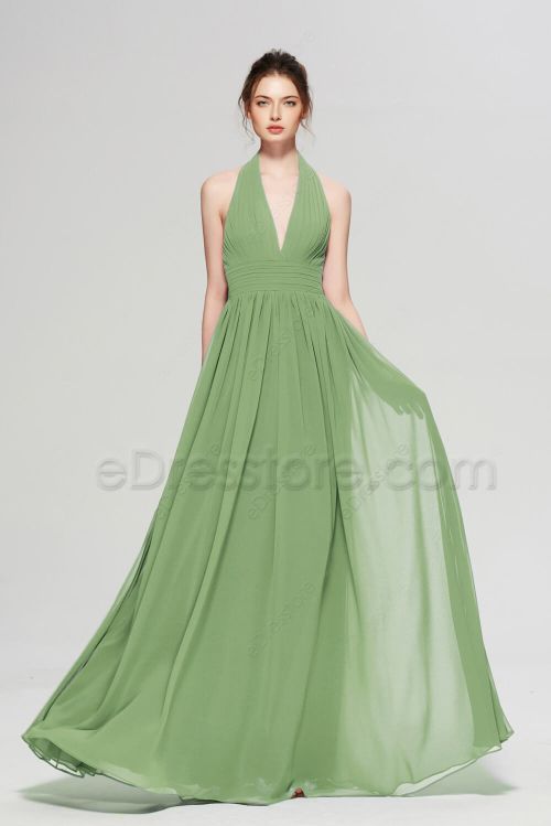 Halter Sage Green Bridesmaid Dresses Long
