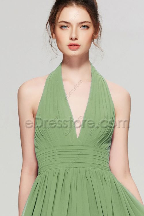 Halter Sage Green Bridesmaid Dresses Long