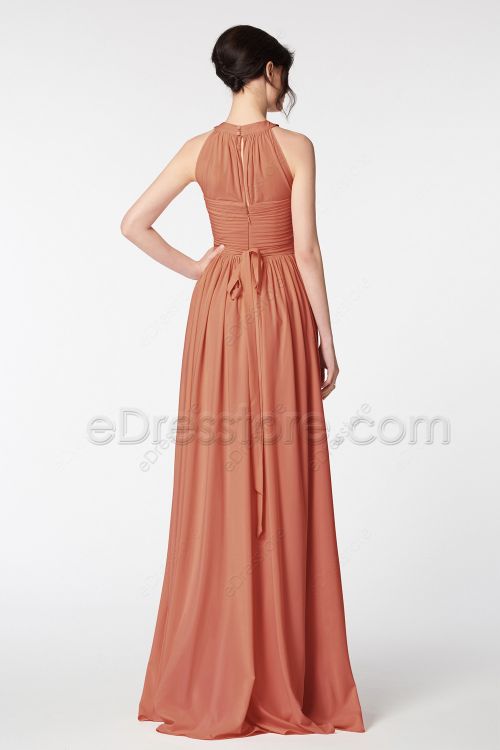 Halter Terracotta Bridesmaid Dresses Long with Ribbons