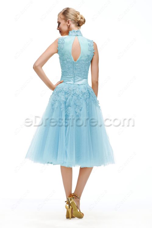 Light Blue Lace Vintage Prom Dresses Tea Length