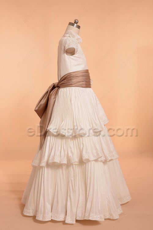 Ivory Pleating Tiered First Communion Dress with Sleeves Flower Girl Dress