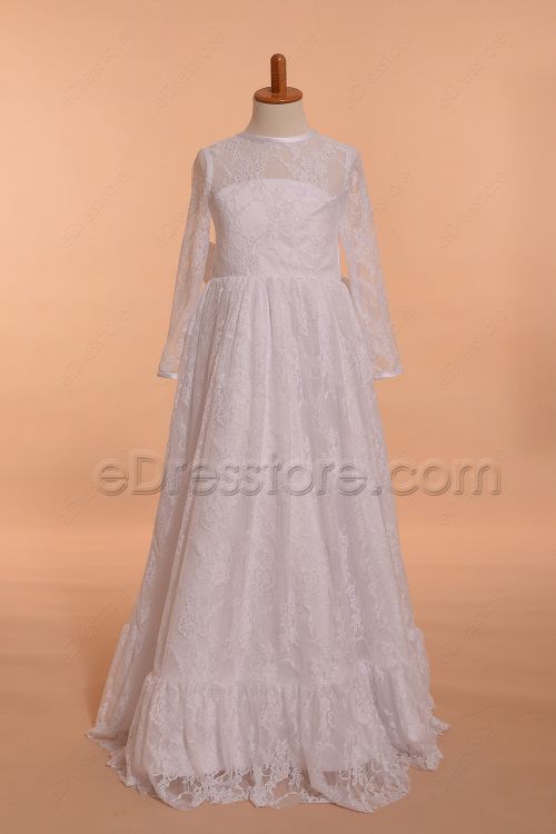 Lace Boho First Communion Dresses with Long Sleeves