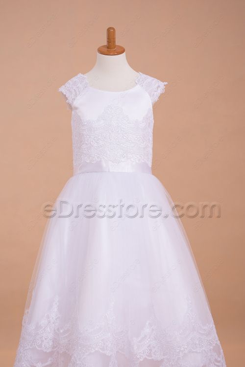 White Lace Ball Gown First Holy Communion Dresses Tea Length