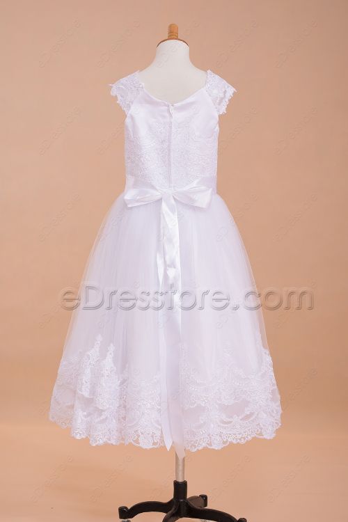 White Lace Ball Gown First Holy Communion Dresses Tea Length