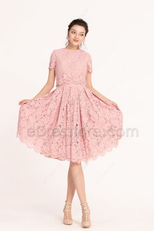 Lace Dusty Pink Modest Midi Bridesmaid Dresses Short Sleeves