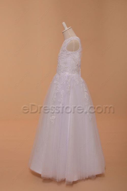 Lace White Beaded Poofy Girl First Holy Communion Dresses Ankle Length