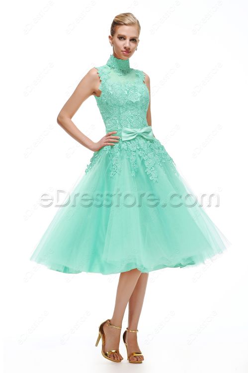 High Neck Mint Green Homecoming Dresses Tea Length
