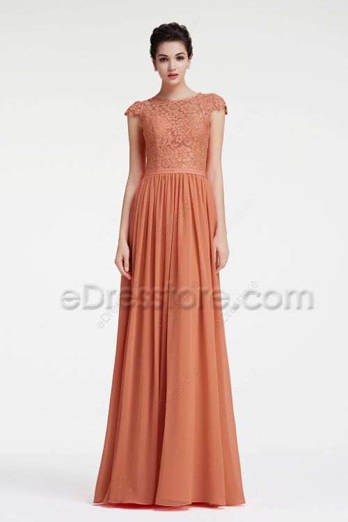 Lace Terracotta Bridesmaid Dresses Modest with Cap Sleeves