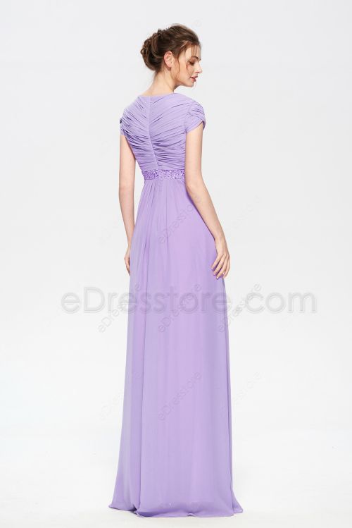 Lavender Modest Beaded Long Prom Dresses Short Sleeves