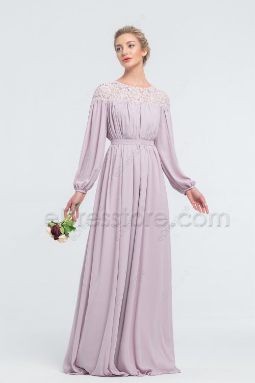 Lavender Modest Bridesmaid Dresses Bishop Long Sleeves