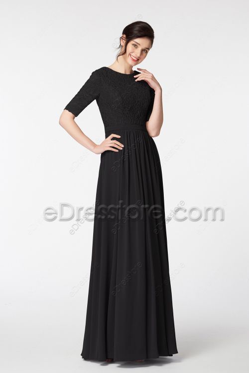 LDS Modest Black Bridesmaid Dresses with Sleeves