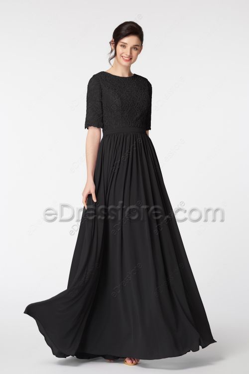 LDS Modest Black Bridesmaid Dresses with Sleeves