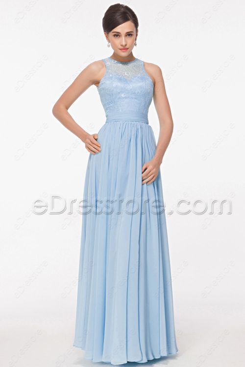 Lace Light Blue Bridesmaid Dresses Key Hole Back