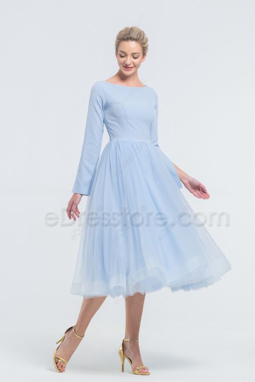 Light Blue Backless Ball Gown Midi Prom Dresses Long Sleeves