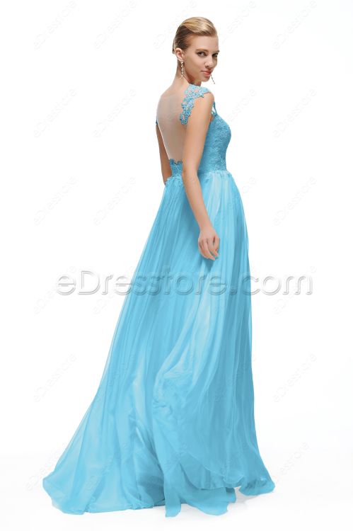 Light Blue Lace Backless Prom Dresses Long