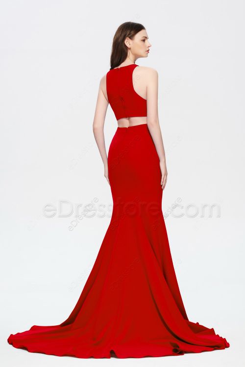 Mermaid Red Halter Long Prom Dress with Slit