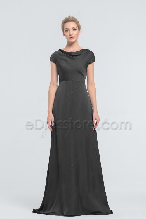 Minimalist Modest Black Satin Bridesmaid Dress Cowl Neck