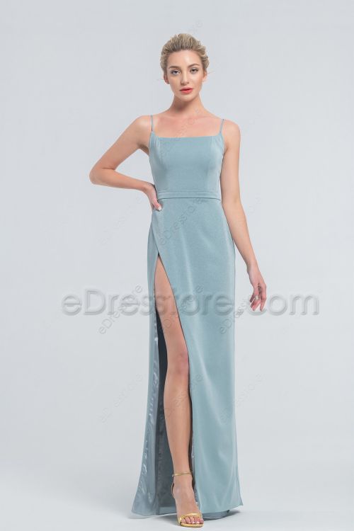 Minimalist Sea Glass Blue Satin Prom Dresses with Slit