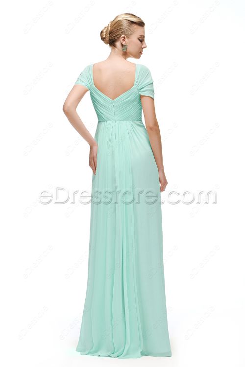 Mint Green Prom Dress Cap Sleeves Empire Waist