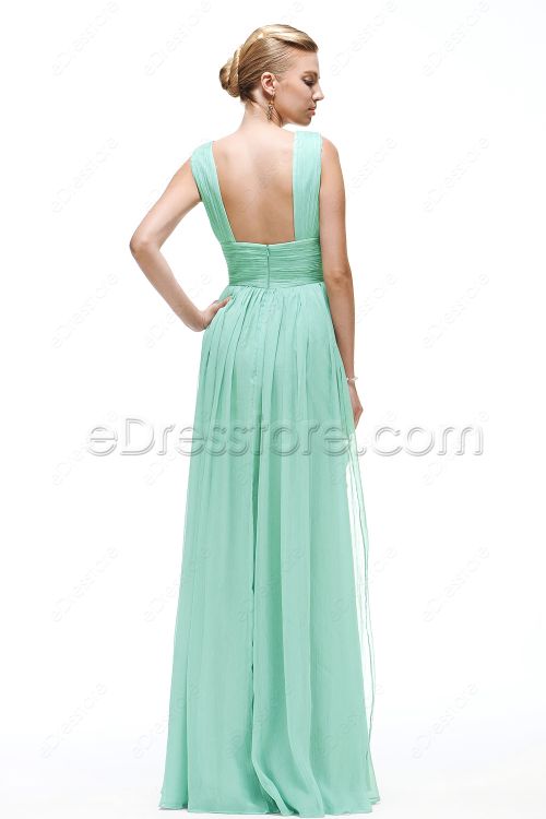 Mint Green Flowing Prom Dresses with Slit Watteau Train