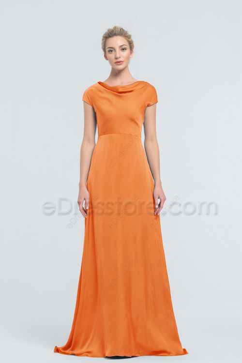 Modest Apricot Satin Bridesmaid Dresses with Pockets Long