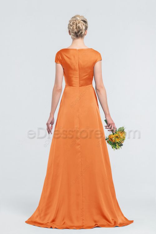 Modest Apricot Satin Bridesmaid Dresses with Pockets Long
