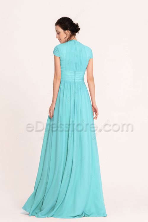 Modest Aqua Bridesmaid Dresses Cap Sleeves