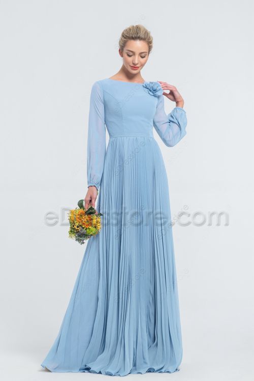 Modest Baby Blue Bridesmaid Dresses Long Sleeves