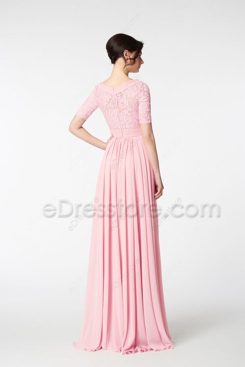 Modest Baby Pink Bridesmaid Dresses with Sleeves
