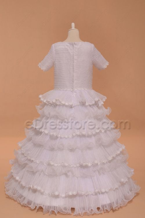 Modest Tiered Ball Gown First Communion Dress with Sleeves Floor Length